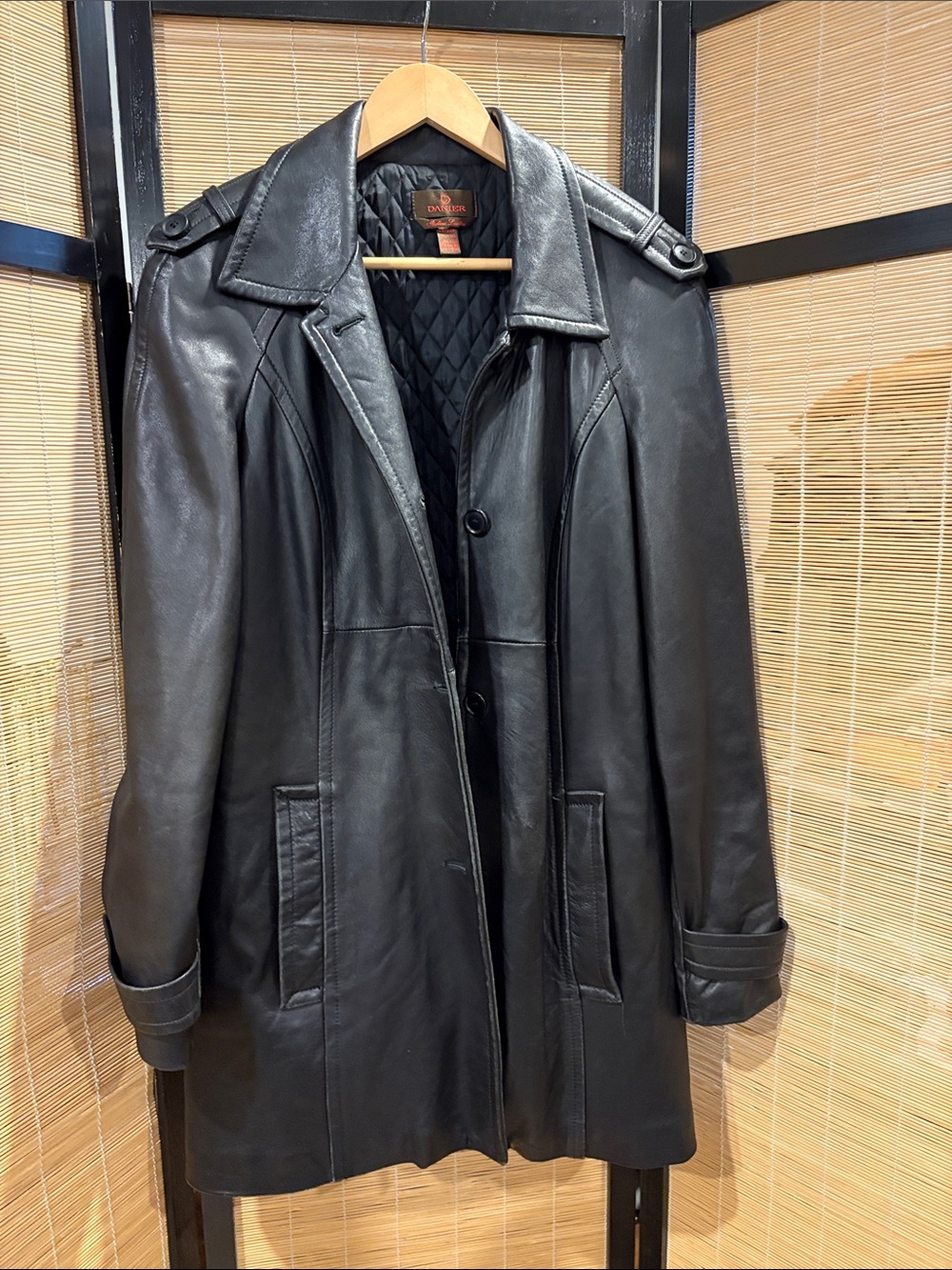 Danier Black Leather Trench Coat with Epaulets